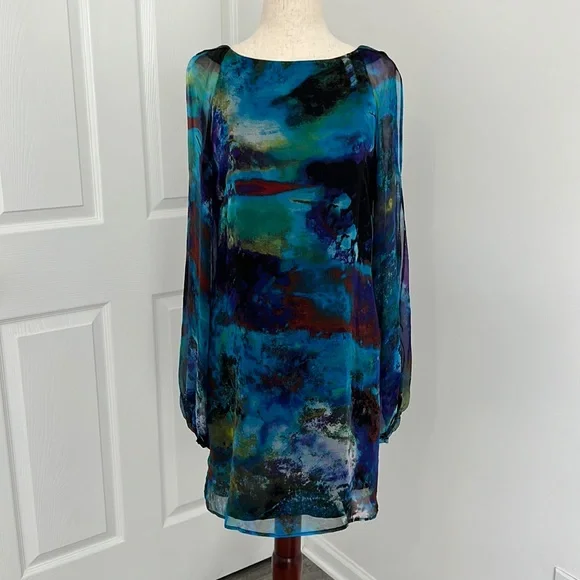 Cache 100% silk cocktail sheath mini dress Sz 4 blue, black, green - Picture 2 of 11